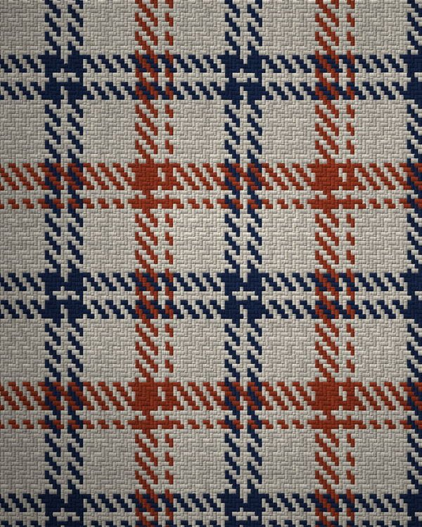 Yarn-dyed check in ecru, indigo and madder on a two-by-two twill ground.
