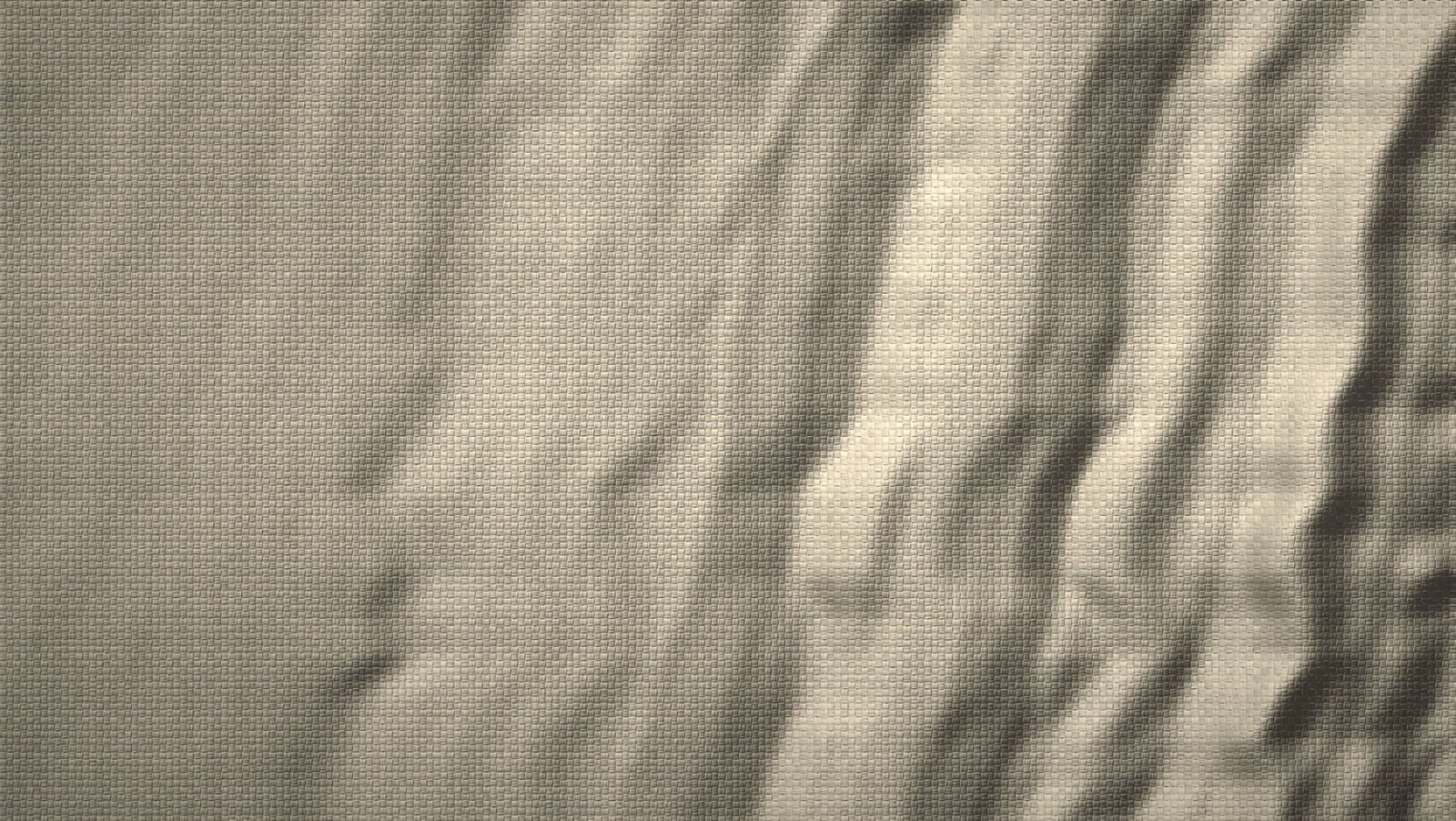 Raking light across a length of loomstate cotton, flat at one side and gathering into folds at the other.